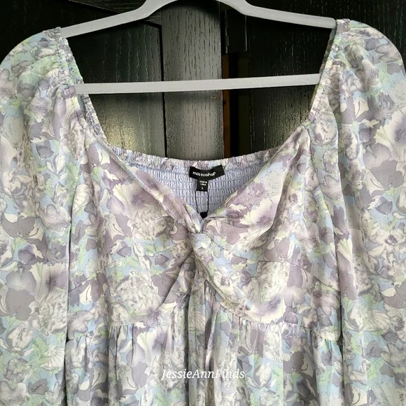 NWT Mittoshop Blue Gray Floral Princess Neckline Boho Midi Dress Size Large - Picture 5 of 15